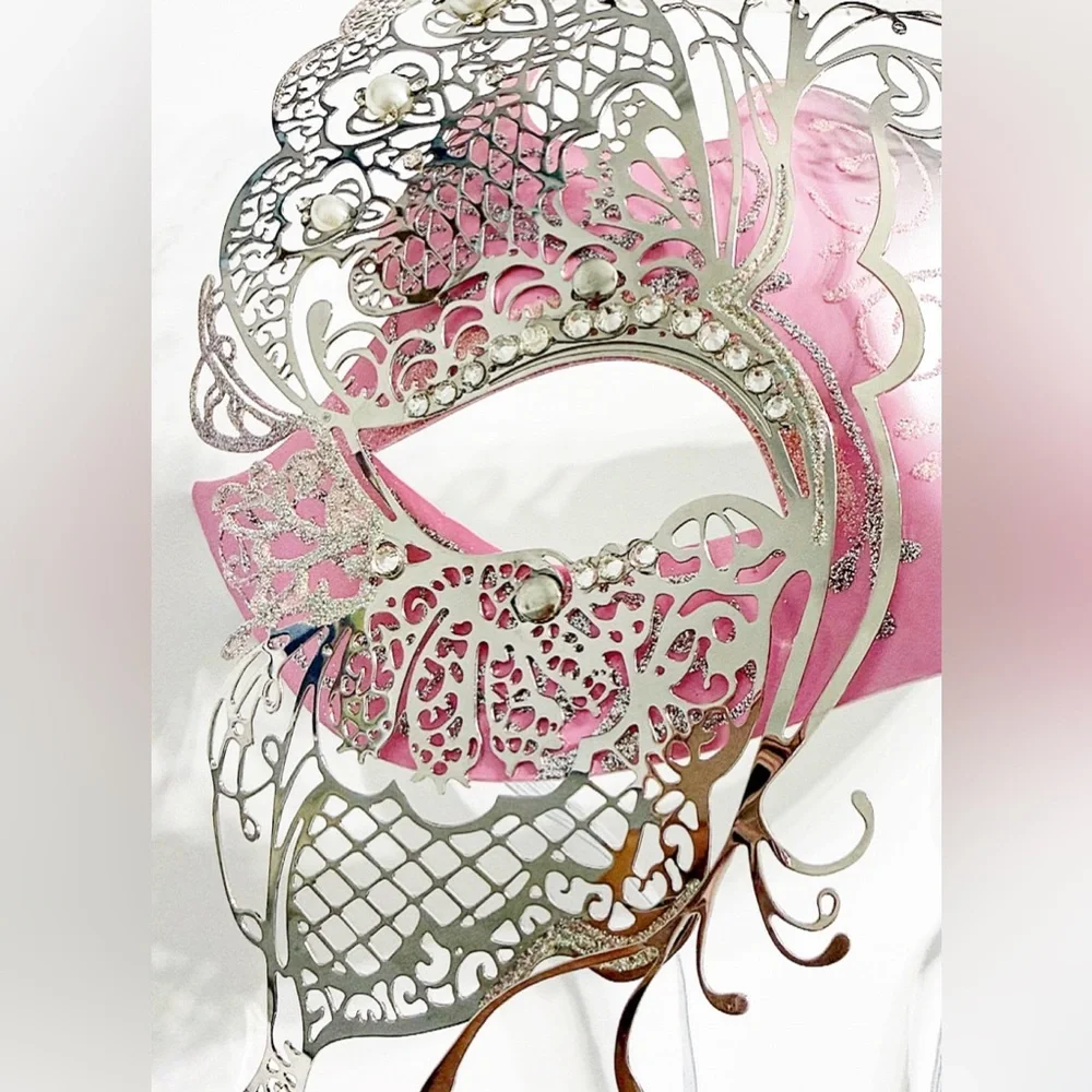 Venetian Masquerade Mask Pink Silver Filigree Rhinestone Mardi Gras